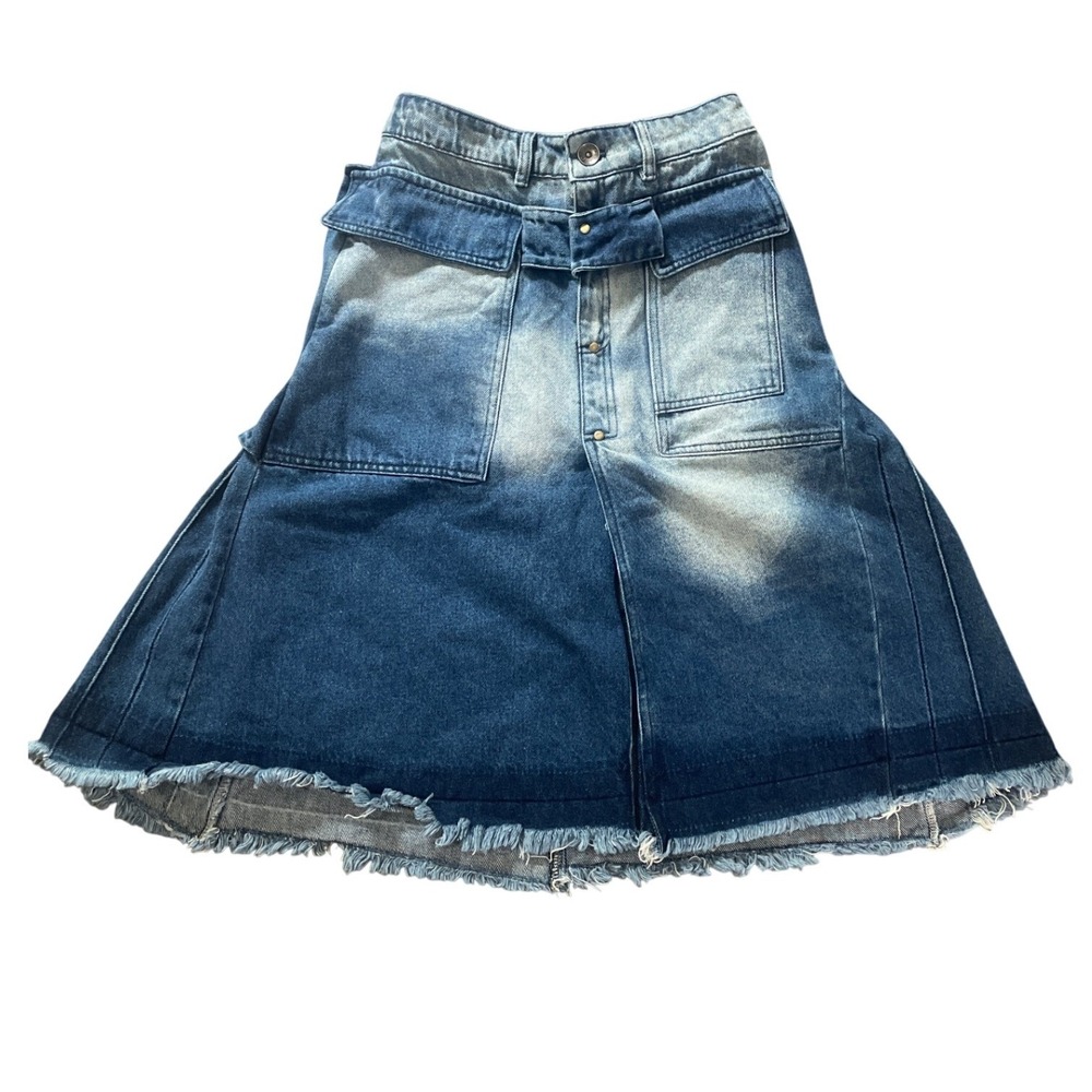CNTA Womens Y2K Denim Midi Skirt Paneled Frayed Hem S Blue Streetwear Grunge